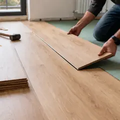 Montaż paneli podłogowych. Ręce układają drewniany panel na zielonym podkładzie, obok leżą narzędzia i stos paneli.