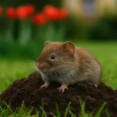 Mały karczownik siedzi na kopczyku ziemi w ogrodzie, z rozmytymi czerwonymi tulipanami w tle.