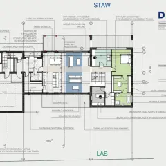 Projekt architektoniczny domu z tarasem i widokiem na las. Plan zawiera szczegółowy rozkład pomieszczeń, w tym garaż, salon, kuchnię, sypialnie i biuro.