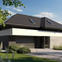 Nowoczesny dom z ciemnym dachem i białym pasem, otoczony zielenią. Na elewacji widnieje napis HOMEKONCEPT 96.