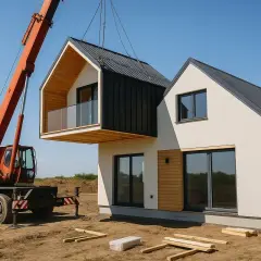 Montaż nowoczesnego domu z prefabrykatów betonowych. Dźwig podnosi moduł z balkonem, budowlaniec obserwuje.