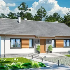 Urocze, białe małe domy z drewnianymi akcentami, otoczone zielenią i sosnami, pod błękitnym niebem.