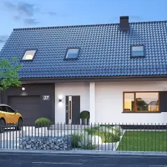 Nowoczesny dom zefir z garażem, żółtym autem i zadbanym ogrodem. Elegancka bryła, ciemny dach i duże okna.
