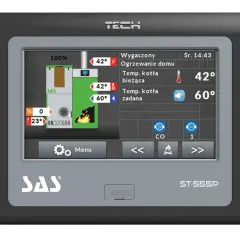 Sterownik TECH ST-555P pokazuje ustawienia kotła: 42°C bieżąca, 60°C zadana, ogrzewanie domu.