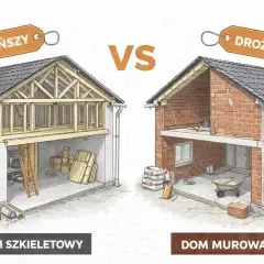 Porównanie domu szkieletowego (tańszego) i domu murowanego (droższego). Widoczne są ich konstrukcje i materiały budowlane.