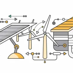 Ilustracja koncepcyjna: dom pasywny projekt z panelami słonecznymi, turbiną wiatrową i systemem dystrybucji energii.