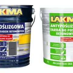 Dwie puszki farby LAKMA Akrybet B30, idealne do malowania posadzki betonowej w piwnicy. Antypoślizgowa, odporna na oleje i ścieranie.