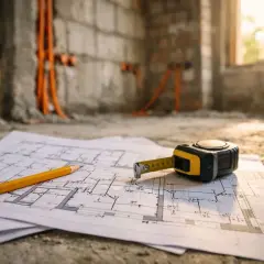 Plany budowy, miarka i ołówek leżą na podłodze. W tle widać pomarańczowe przewody, zapowiadające instalację elektryczną w podłodze.
