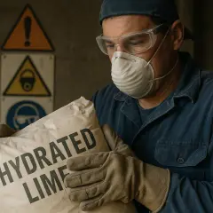 Pracownik w masce i okularach ochronnych trzyma worek z napisem "HYDRATED LIME", który może być użyty jako wapno do szamba.