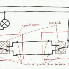 Schemat instalacji elektrycznej z łącznikiem krzyżowym. Pokazuje połączenia przewodów do lampy i zacisków przełączników.
