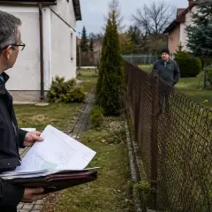 Mężczyzna z dokumentami analizuje sytuację z płotem sąsiada na mojej działce, być może w kontekście zasiedzenia.