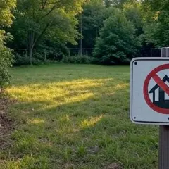 Znak zakazu budowy domów jednorodzinnych stoi na tle zielonej polany i drzew.