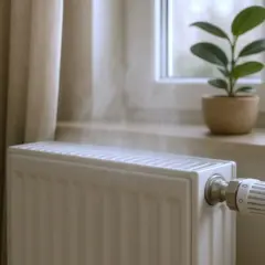Biały kaloryfer grzeje mimo zakręcenia, unosząc parę. Obok okna stoi doniczka z zieloną rośliną.