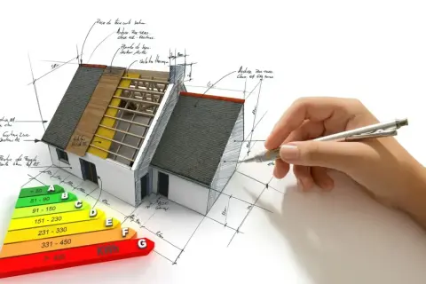 Projektowanie domów energooszczędnych: model domu z widocznym ociepleniem, schematem klasyfikacji energetycznej i ręką rysującą plany.