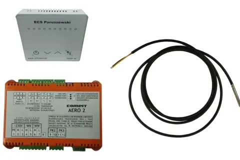 Sterownik centrali wentylacyjnej COMPIT AERO 2 z panelem NANO XS i czujnikiem temperatury.