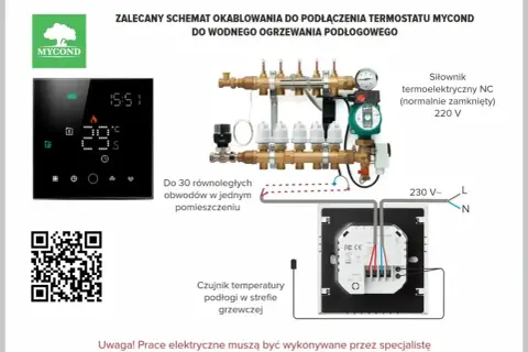 Schemat podłączenia sterownika do ogrzewania podłogowego Mycond. Pokazuje termostat, rozdzielacz z siłownikami i czujnik temperatury.