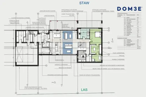 Projekt architektoniczny domu z tarasem i widokiem na las. Plan zawiera szczegółowy rozkład pomieszczeń, w tym garaż, salon, kuchnię, sypialnie i biuro.