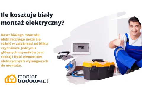 Elektryk w niebieskim kombinezonie pokazuje kciuki w górę obok skrzynki z narzędziami i rozdzielnicy. Dowiedz się, ile kosztuje biały montaż elektryczny.