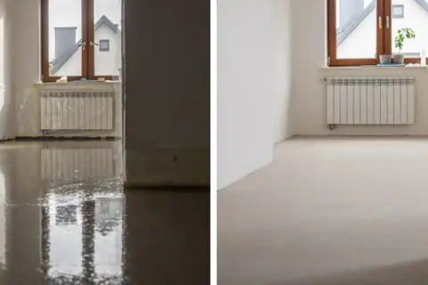 Przed i po: mokre posadzki cementowe schną, tworząc gładką, jednolitą powierzchnię.