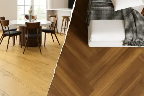 Jasne panele laminowane w jadalni i ciemne panele winylowe w sypialni. Wybierz idealne rozwiązanie dla swojego domu.