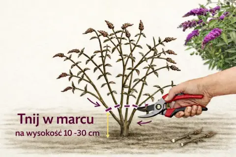 Budleja dawida - cięcie w marcu na wysokość 10-30 cm. Dłonią z sekatora przycinana jest roślina.