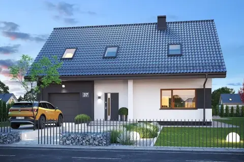 Nowoczesny dom zefir z garażem, żółtym autem i zadbanym ogrodem. Elegancka bryła, ciemny dach i duże okna.
