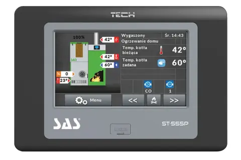 Sterownik TECH ST-555P pokazuje ustawienia kotła: 42°C bieżąca, 60°C zadana, ogrzewanie domu.
