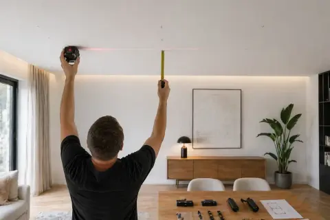 Precyzyjne wyznaczanie punktów na suficie do montażu oświetlenia szynowego. Laser i miarka pomagają w idealnym rozmieszczeniu.