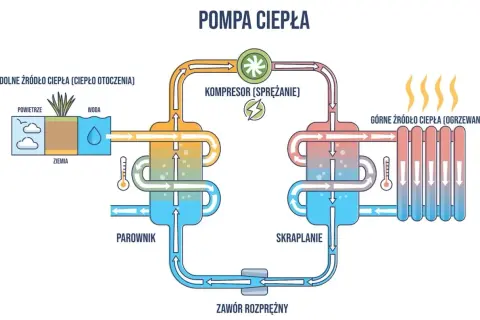 Schemat pompy ciepła pokazujący proces ogrzewania domu. Ciepło z otoczenia (powietrze, woda, ziemia) jest pobierane, sprężane, a następnie oddawane do systemu grzewczego.