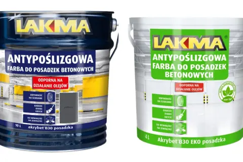 Dwie puszki farby LAKMA Akrybet B30, idealne do malowania posadzki betonowej w piwnicy. Antypoślizgowa, odporna na oleje i ścieranie.