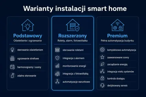 Porównanie pakietów smart home: podstawowy (oświetlenie, ogrzewanie), rozszerzony (rolety, alarm, fotowoltaika) i premium (pełna automatyzacja). Inteligentne sterowanie ogrzewaniem w każdym z nich.