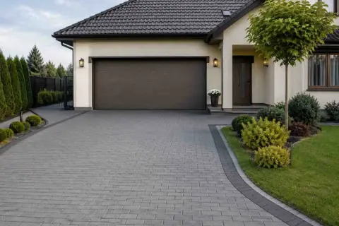 Tani podjazd do garażu z kostki brukowej, otoczony zadbanym ogrodem i zielenią.