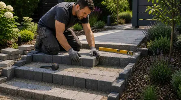 Mężczyzna klęczy, układając kamienne stopnie. To projekt "schody do ogrodu zrób sam", który odmieni Twój teren zielony.