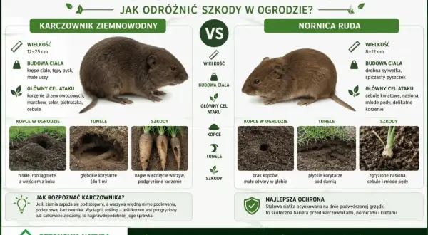 Karczownik i nornica – porównanie szkodników. Karczownik niszczy korzenie drzew i warzyw, nornica atakuje cebule i nasiona.