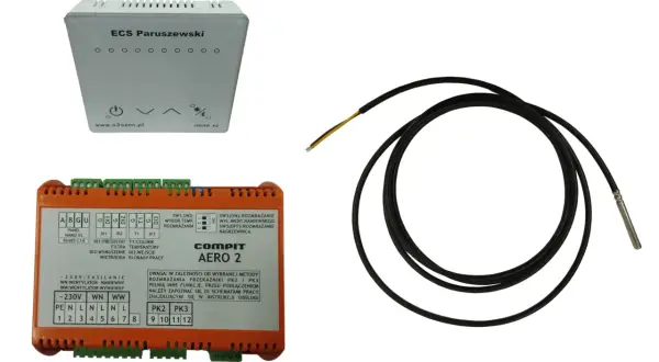 Sterownik centrali wentylacyjnej COMPIT AERO 2 z panelem NANO XS i czujnikiem temperatury.