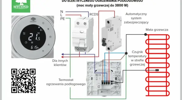 Schemat podłączenia termostatu Mycond do ogrzewania podłogowego. Pokazuje, jak zamontować czujnik temperatury ogrzewania podłogowego.