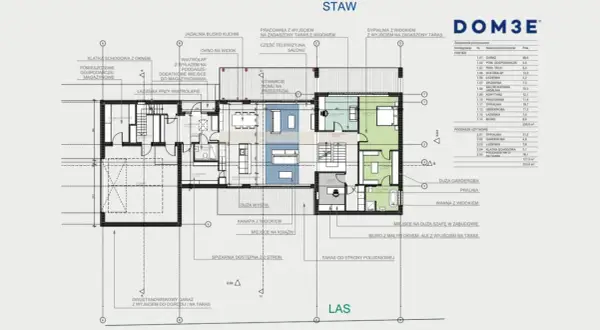 Projekt architektoniczny domu z tarasem i widokiem na las. Plan zawiera szczegółowy rozkład pomieszczeń, w tym garaż, salon, kuchnię, sypialnie i biuro.