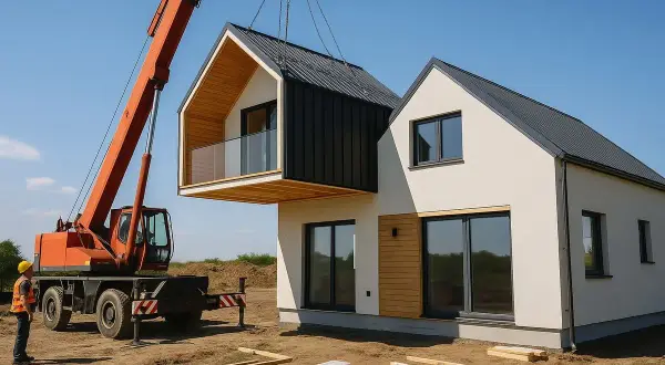 Montaż nowoczesnego domu z prefabrykatów betonowych. Dźwig podnosi moduł z balkonem, budowlaniec obserwuje.