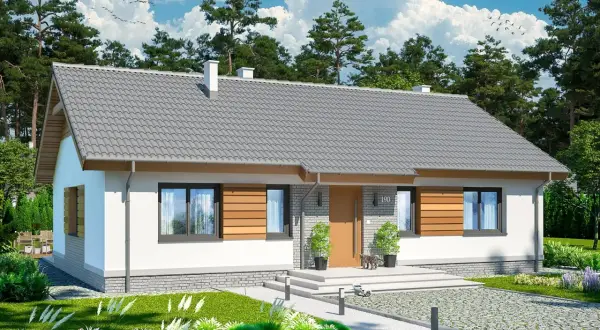 Urocze, białe małe domy z drewnianymi akcentami, otoczone zielenią i sosnami, pod błękitnym niebem.