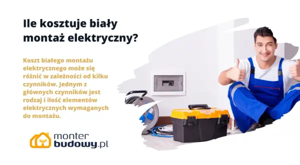 Elektryk w niebieskim kombinezonie pokazuje kciuki w górę obok skrzynki z narzędziami i rozdzielnicy. Dowiedz się, ile kosztuje biały montaż elektryczny.