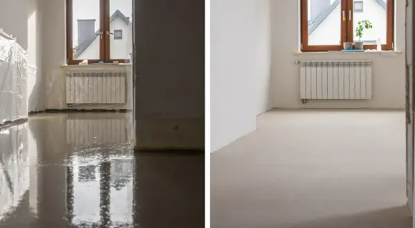 Przed i po: mokre posadzki cementowe schną, tworząc gładką, jednolitą powierzchnię.