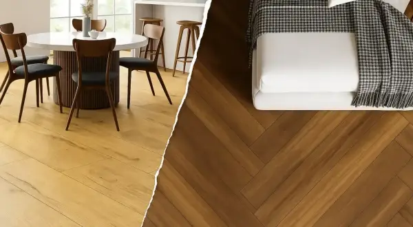 Jasne panele laminowane w jadalni i ciemne panele winylowe w sypialni. Wybierz idealne rozwiązanie dla swojego domu.