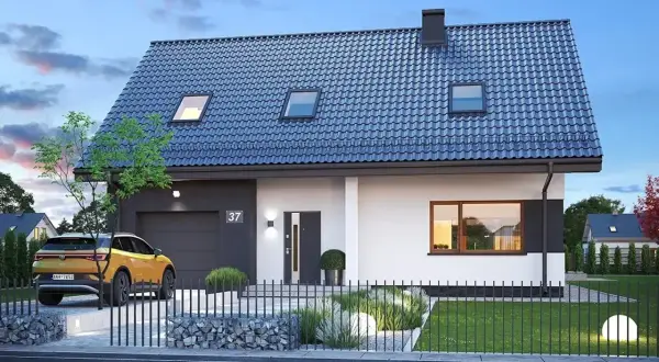 Nowoczesny dom zefir z garażem, żółtym autem i zadbanym ogrodem. Elegancka bryła, ciemny dach i duże okna.