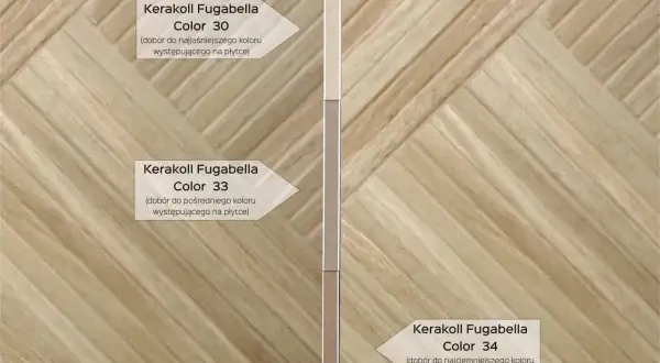 Próbki fugi do płytek drewnopodobnych Kerakoll Fugabella: kolory 30, 33 i 34.