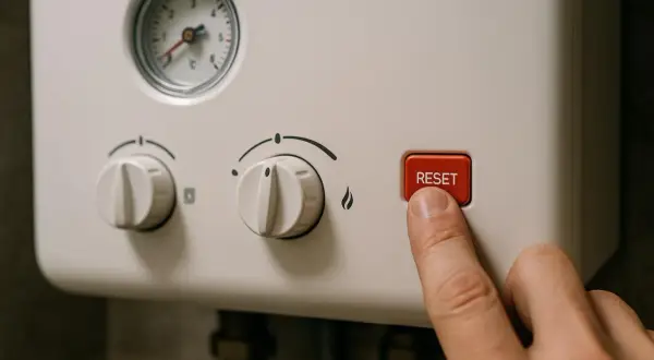 Palec naciska czerwony przycisk RESET na piecu CO, gdy słychać dziwne odgłosy.