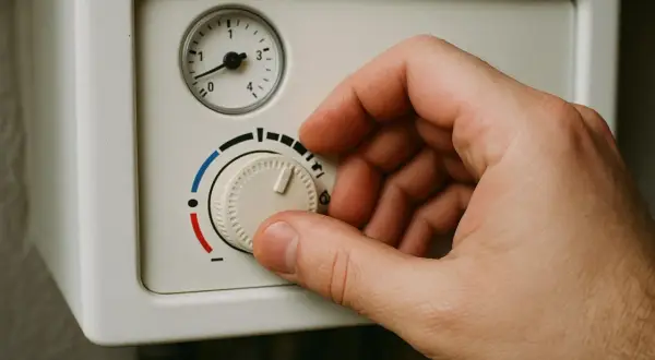 Dłoń kręci pokrętłem termostatu, pokazując jak ustawić piec gazowy dwufunkcyjny. Skala od czerwonego do niebieskiego sugeruje regulację temperatury.