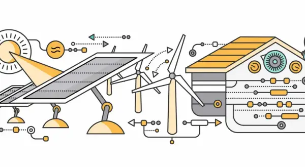 Ilustracja koncepcyjna: dom pasywny projekt z panelami słonecznymi, turbiną wiatrową i systemem dystrybucji energii.