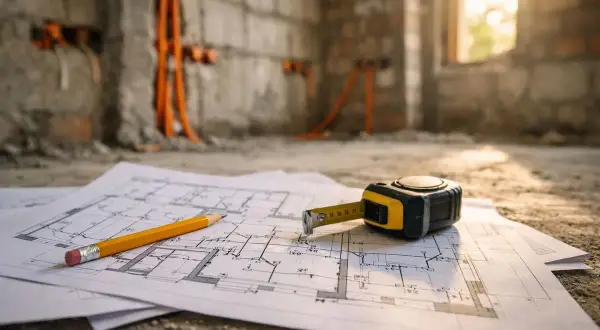 Plany budowy, miarka i ołówek leżą na podłodze. W tle widać pomarańczowe przewody, zapowiadające instalację elektryczną w podłodze.