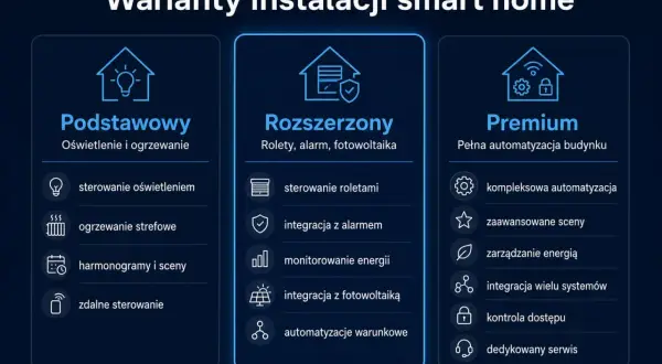 Porównanie pakietów smart home: podstawowy (oświetlenie, ogrzewanie), rozszerzony (rolety, alarm, fotowoltaika) i premium (pełna automatyzacja). Inteligentne sterowanie ogrzewaniem w każdym z nich.