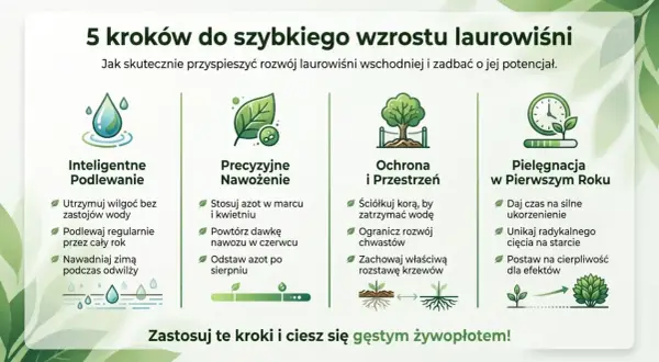 5 kroków do szybkiego wzrostu laurowiśni: podlewanie, nawożenie, ochrona, przestrzeń i pielęgnacja. Dowiedz się, jak uzyskać gęsty żywopłot.